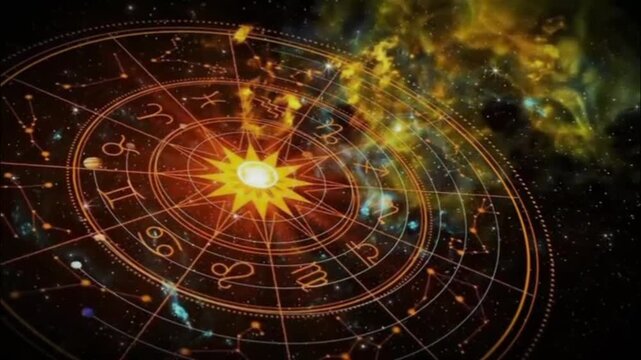 A stunning visualization of a golden zodiac wheel spinning amidst a dynamic expanse of cosmic nebulae. 