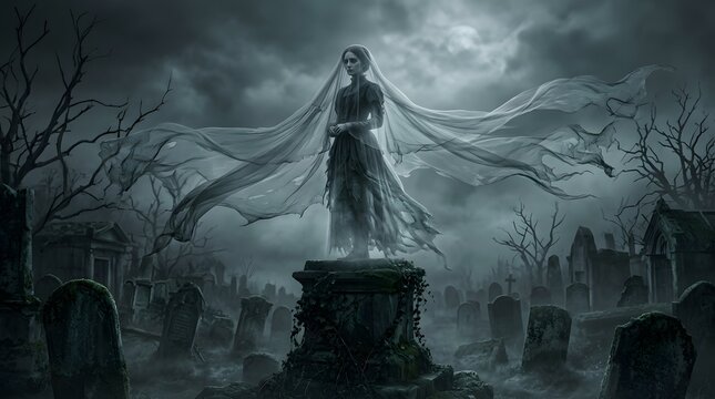 Ghostly woman in black mourning veil standing on tombstone at night
