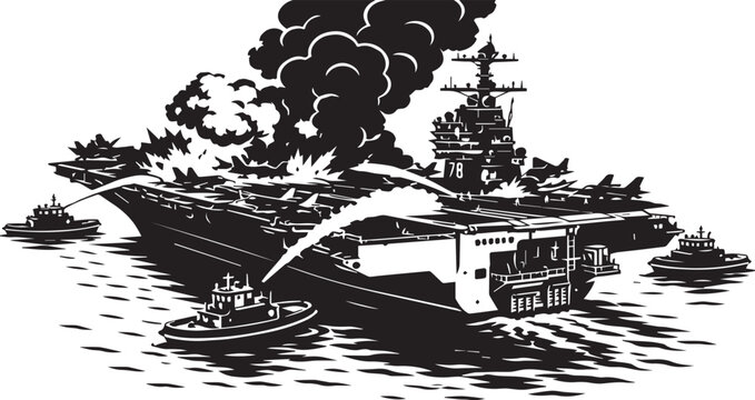 Dramatic Black and White Vector Illustration of a Burning Military Aircraft Carrier at Sea with Emergency Fireboats Battling Intense Flames and Thick Smoke During a Naval Disaster Scene.