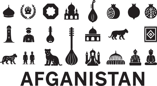 Comprehensive Afghanistan Culture and Heritage Vector Icon Set Featuring Traditional Symbols, Mosque Silhouettes, Rubab Instruments, Pomegranate Fruit, Snow Leopard, and Historic Landmarks