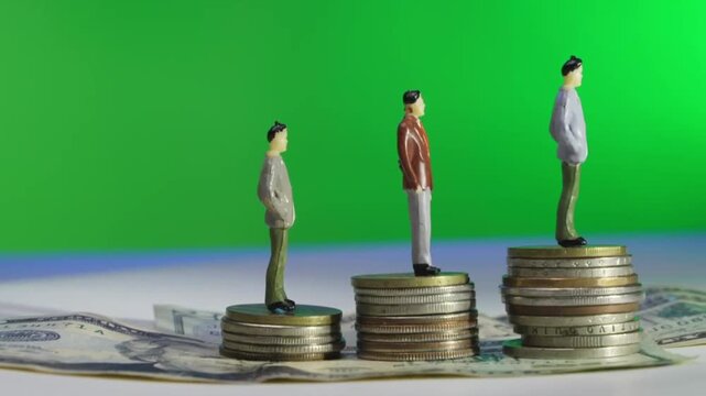 Three miniature male figures stand on stacks of coins of varying heights, symbolizing economic growth, career ladders, or social class differences. 
