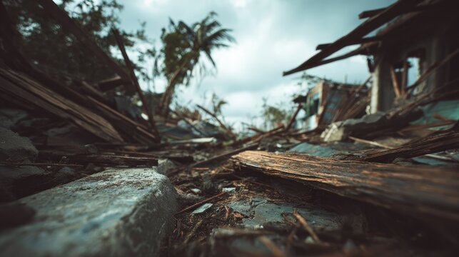 Destruction and devastation in tropical region aftermath of natural disaster