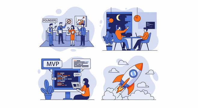 Startup team work on mvp code and big rocket launch for new business growth fast