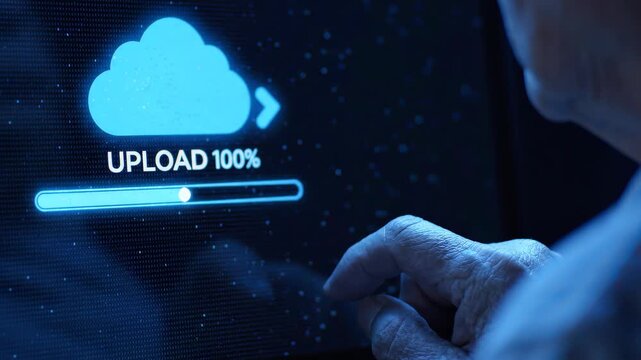 Close up of elderly hand touching a glowing digital screen with cloud upload icon and arrow on dark background, concept for online data backup, cloud computing service and file transfer technology