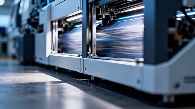 Modern industrial machine with fast moving material in clean factory workshop