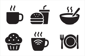 Fototapeta premium Food And Beverage Icons Flat Silhouette Style On White Background