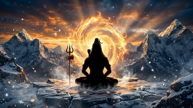 Lord Shiva meditating on a snowy mountain peak with divine fire aura