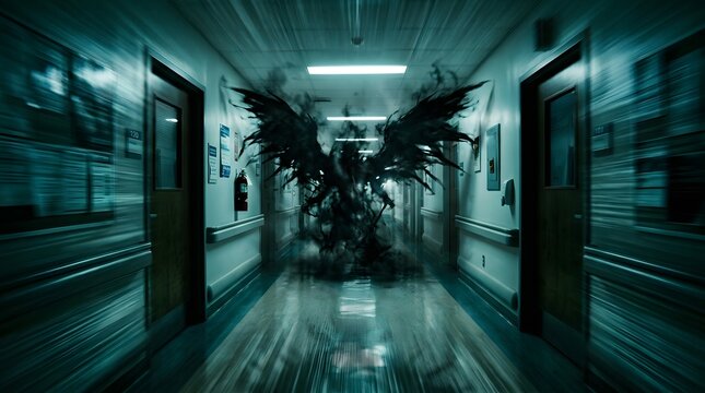 Dark winged shadow creature in an eerie hospital corridor with motion blur for horror concept