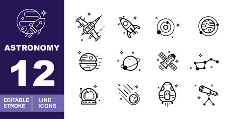 Astronomy Line Icon Set. Spaceship, Rocket, Orbit, Planet, Station, Saturn, Satellite, Constellation, Astronaut, Meteor, Capsule, Telescope, Galaxy, Universe, Cosmos, Exploration, Sci-fi, Star. © Catostd