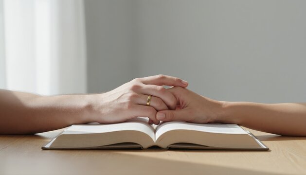 A Pact of Faith: Two hands, one adorned with a wedding ring, clasp over an open holy book, symbolizing shared devotion and commitment.