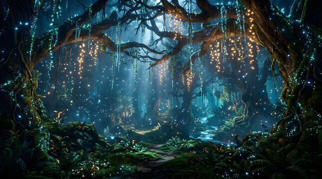 Mystical fantasy forest with glowing trees, magical lights, and a stream