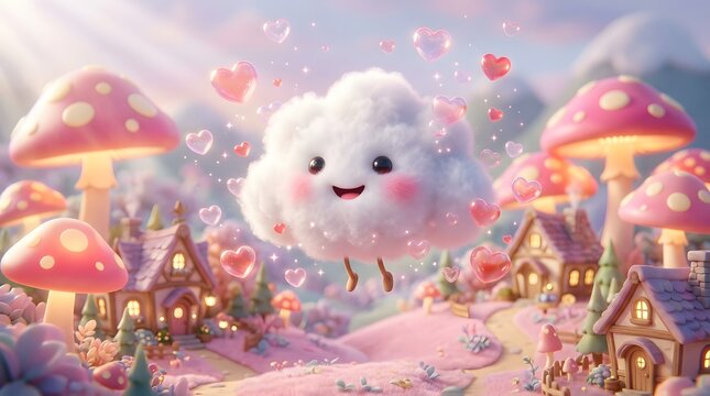 Cute smiling cloud character floating in a magical mushroom village with pink hearts and whimsical fantasy houses in a pastel dreamland