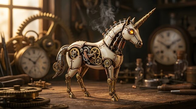 Steampunk mechanical unicorn figurine with brass gears and steam in a vintage workshop