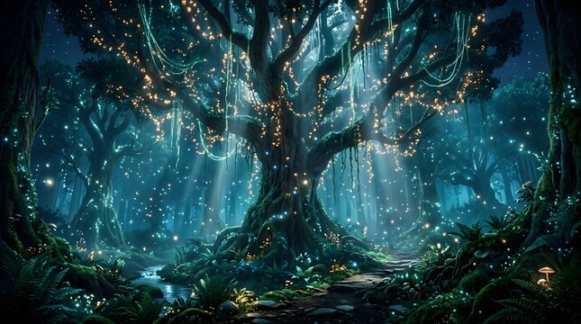 Enchanted forest at night with a magical glowing ancient tree and fireflies