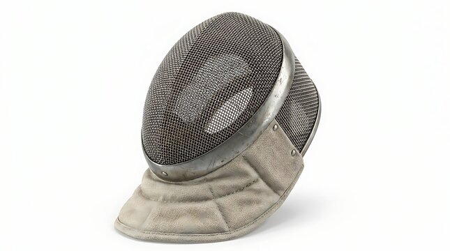 Fencing mask displayed on a plain background for sports equipment