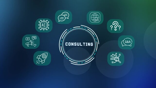 Business consulting and corporate strategy advisory concept with digital communication and analytics line icons.