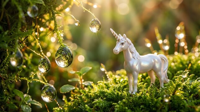 Little white unicorn figurine standing on green moss with morning dew