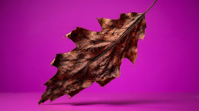 Single dried brown autumn leaf against a vibrant purple studio background.