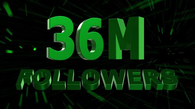 36 Million Followers Celebration Animation. 3D Social Media Milestone with Abstract Motion Lines Background 4K.