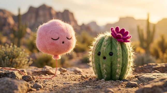 Cute fuzzy pink balloon and green cactus characters meeting in a rocky desert at sunset