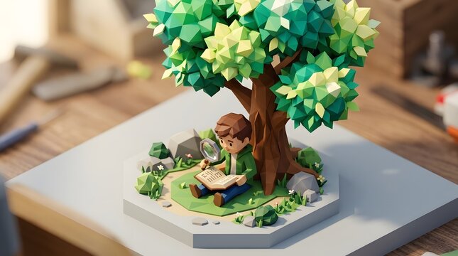 Low poly illustration of a boy sitting under a tree reading with a magnifier