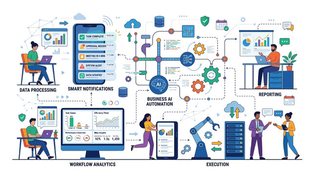 People interact with technology devices in a modern office setting with Industry and Business elements