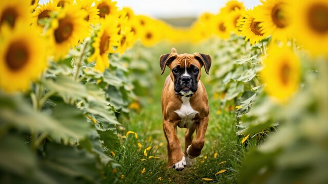Boxer Puppy in Sunflower Field: A joyful boxer puppy, with floppy ears and a determined gaze, runs through a vibrant field of sunflowers, its wagging tail a blur of happiness under the summer sun.