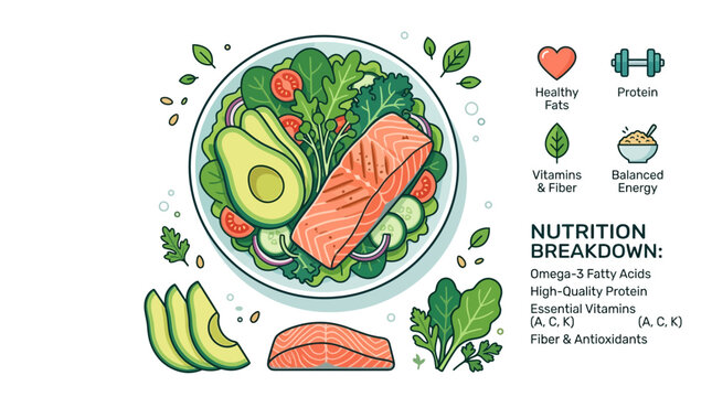 A vibrant illustration of a healthy meal with salmon avocado and vegetables on a plate