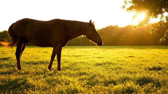 dark horse standing in a grassy green field during a bright golden sunset