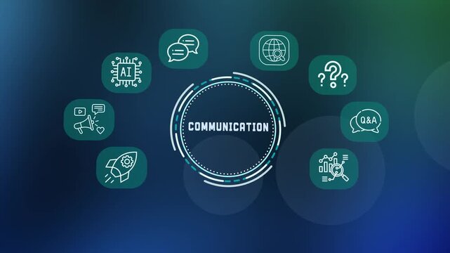 Digital communication technology concept with business marketing network and artificial intelligence line icons.