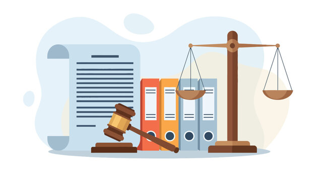 Legal justice system concept featuring wooden judge gavel paper document file folders and scales of justice icon representing law and order in court office.