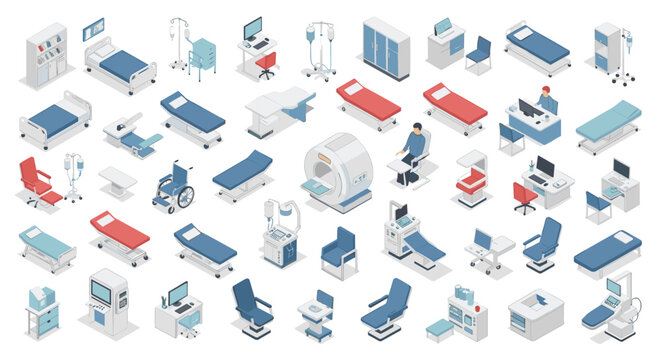 Large collection of isometric medical equipment and hospital furniture icons including beds, wheelchairs, monitors, and MRI scanners for healthcare designs.