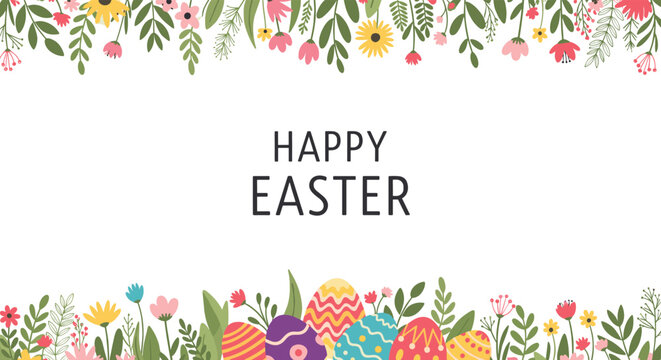 Happy Easter greeting banner featuring colorful spring flowers and decorated easter eggs on a clean white background for seasonal holiday cards.