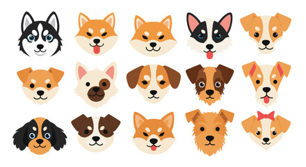 Obraz premium Large collection of diverse dog breed face icons in a grid including husky, shiba inu, corgi, and terrier with cute expressions.