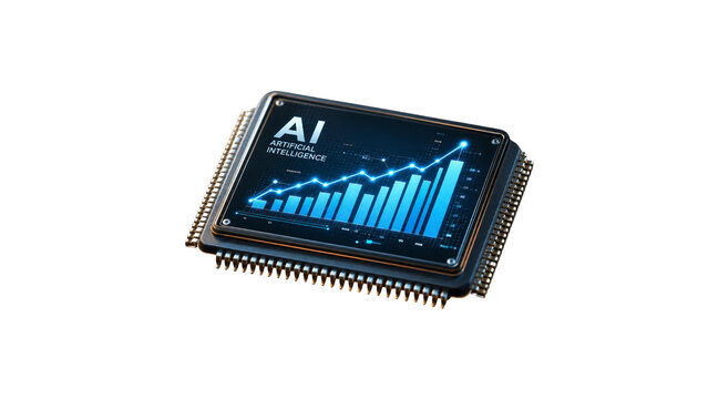 Futuristic artificial intelligence microchip with glowing business graph, isolated on transparent background