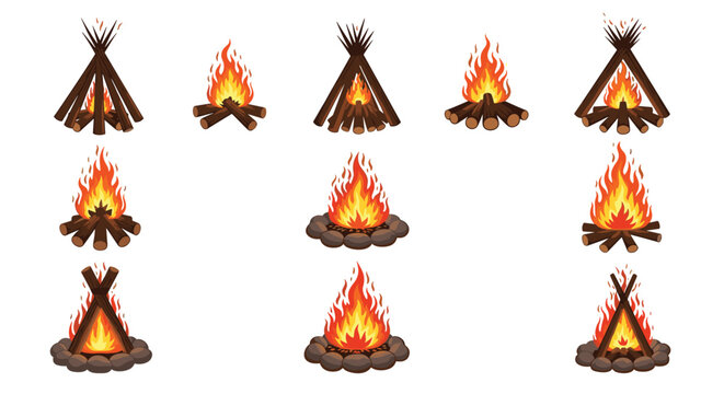 Collection of different campfire arrangements including teepee style, log cabin, and fire pits with stones on a white background.