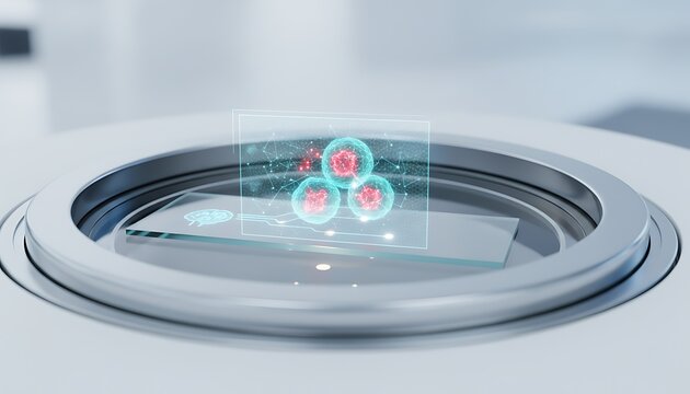 Holographic cells illuminate above a microscope slide on a futuristic medical examination device