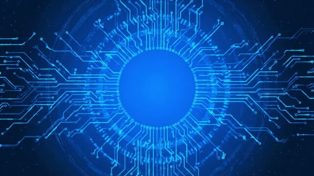 glowing blue electronic circuit board pattern converging into a central empty circular digital interface frame