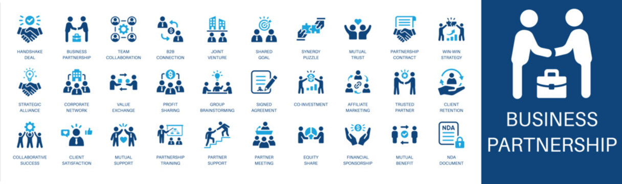 Business partnership and team solid icon set. Featuring handshake deal, joint venture, strategic alliance, b2b connection, and profit sharing. Editable vector glyphs for corporate strategy and growth.