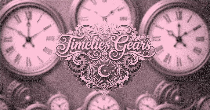 Steampunk "Timelies Gears" Typography Design with Clock Faces and Ornate Filigree, Stippled Retro Pink-Red Duotone Illustration