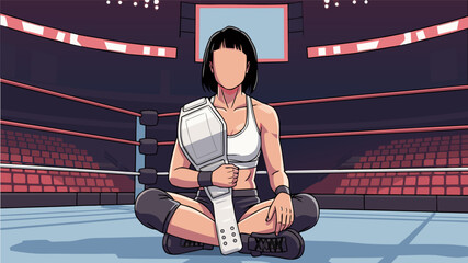 Female wrestler sits cross-legged with arm cast in empty arena seats © Grogolan