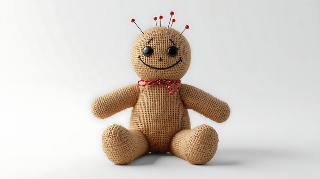 Small voodoo doll sitting on white background