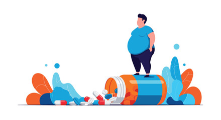 Obraz premium Overweight man standing on a giant pill bottle surrounded by spilled capsules and tablets for obesity and pharmaceutical medication concepts.