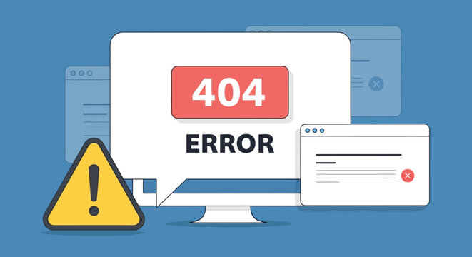 Website error 404 page not found concept with warning sign monitor screen and browser windows flat vector illustration for tech support internet problems.