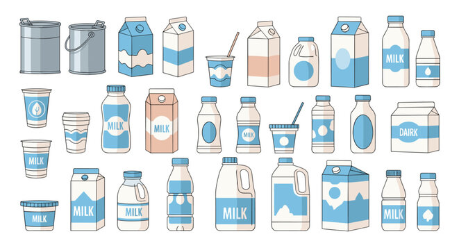 Wide variety of dairy product packaging including milk cartons, plastic bottles, yogurt cups, and metal cans for grocery store inventory displays.