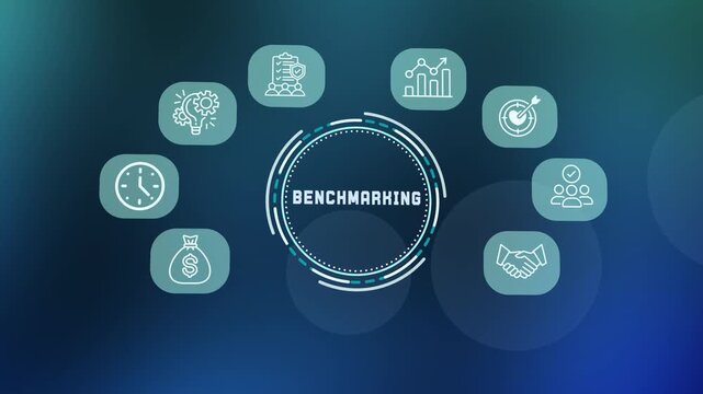 Business bench-marking concept with digital icons for performance comparison, quality standards, and evaluation
