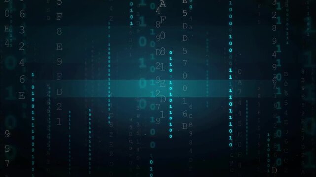 Abstract Digital Data Stream with Falling Binary Code and Glowing Blue Light Effects