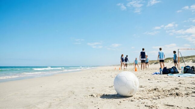 Beach Soccer Game with Children Playing and Ball on Sandy Shore
