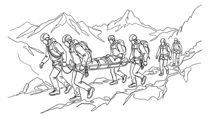 Obraz premium Rescue team carrying injured hiker down mountain.