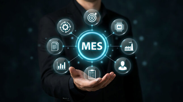 Manufacturing Execution System MES concept with automation icons over businessman hand